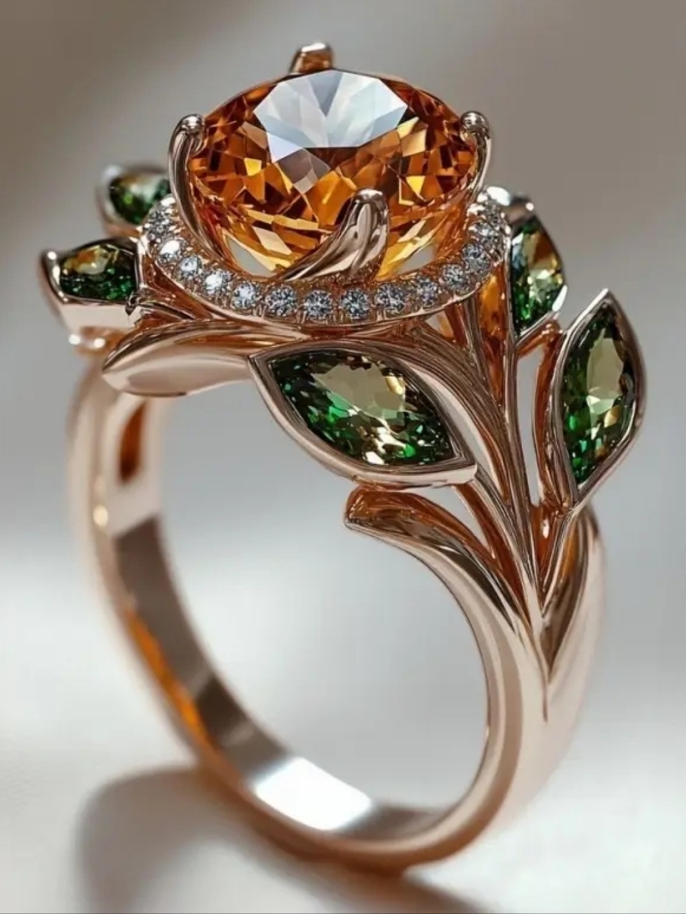 Rose Gold Leaf & Vine Ring Amber Citrine Center Green Marquise Size 7